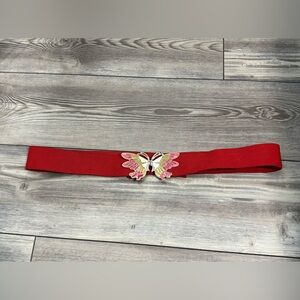 Vintage Brass Belt Buckle Enameled Butterfly Red Yellow Cinched Adjustable Belt